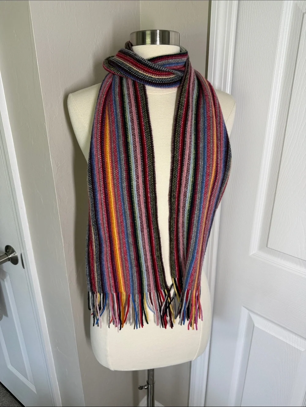 The scarf company colorful rainbow striped cashmere scarf with fringe NWT